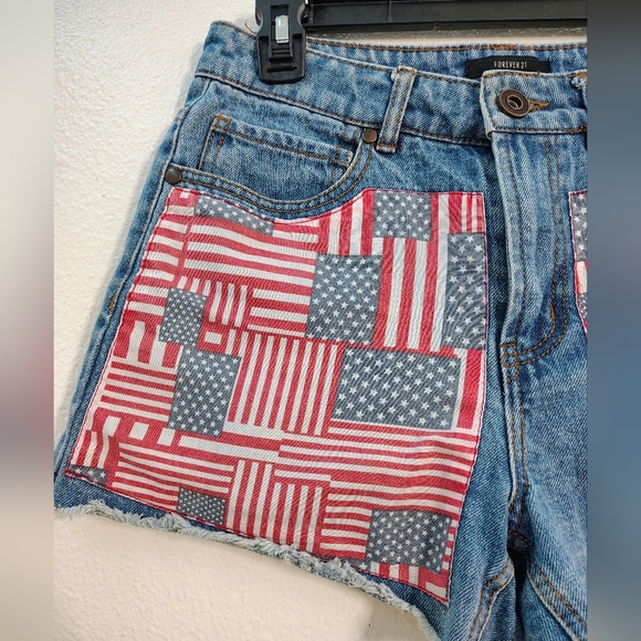 Forever 21 Denim Shorts American Flag Pockets booty Blue Jean Patriotic Sz 27 - Picture 8 of 10